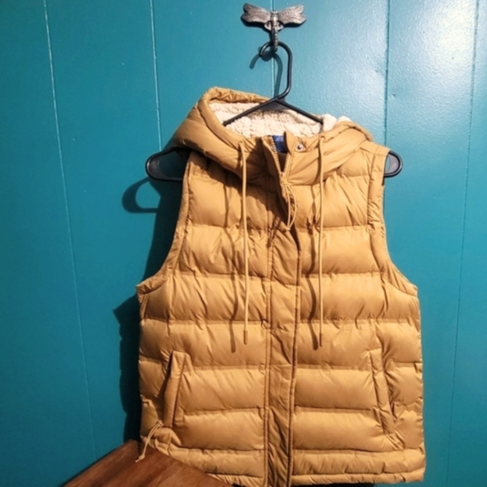 Tan Sherpa Hood Lined Puffer Vest